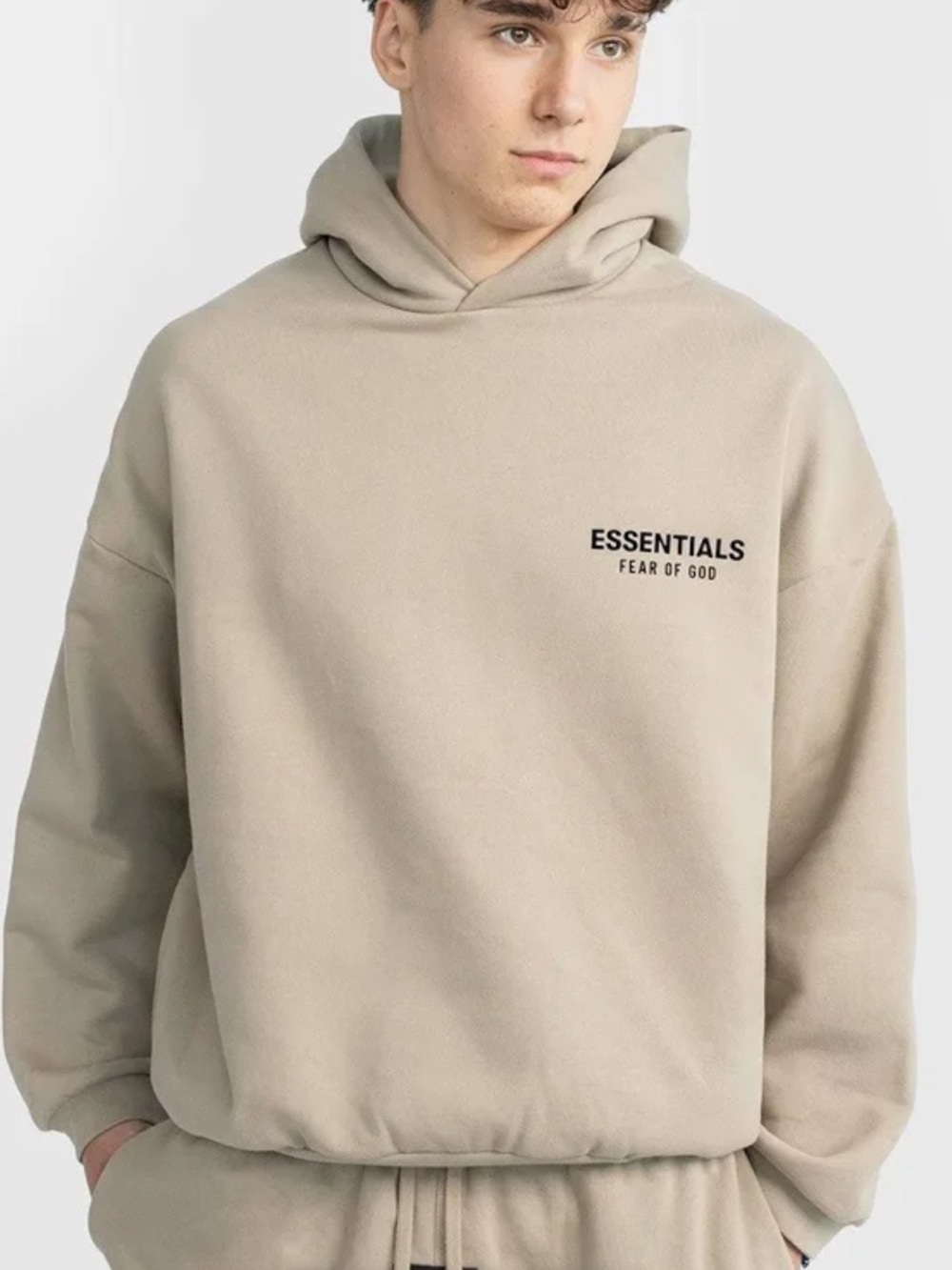 Fear of God ESSENTIALS Hoodie in Tan with Black Logo